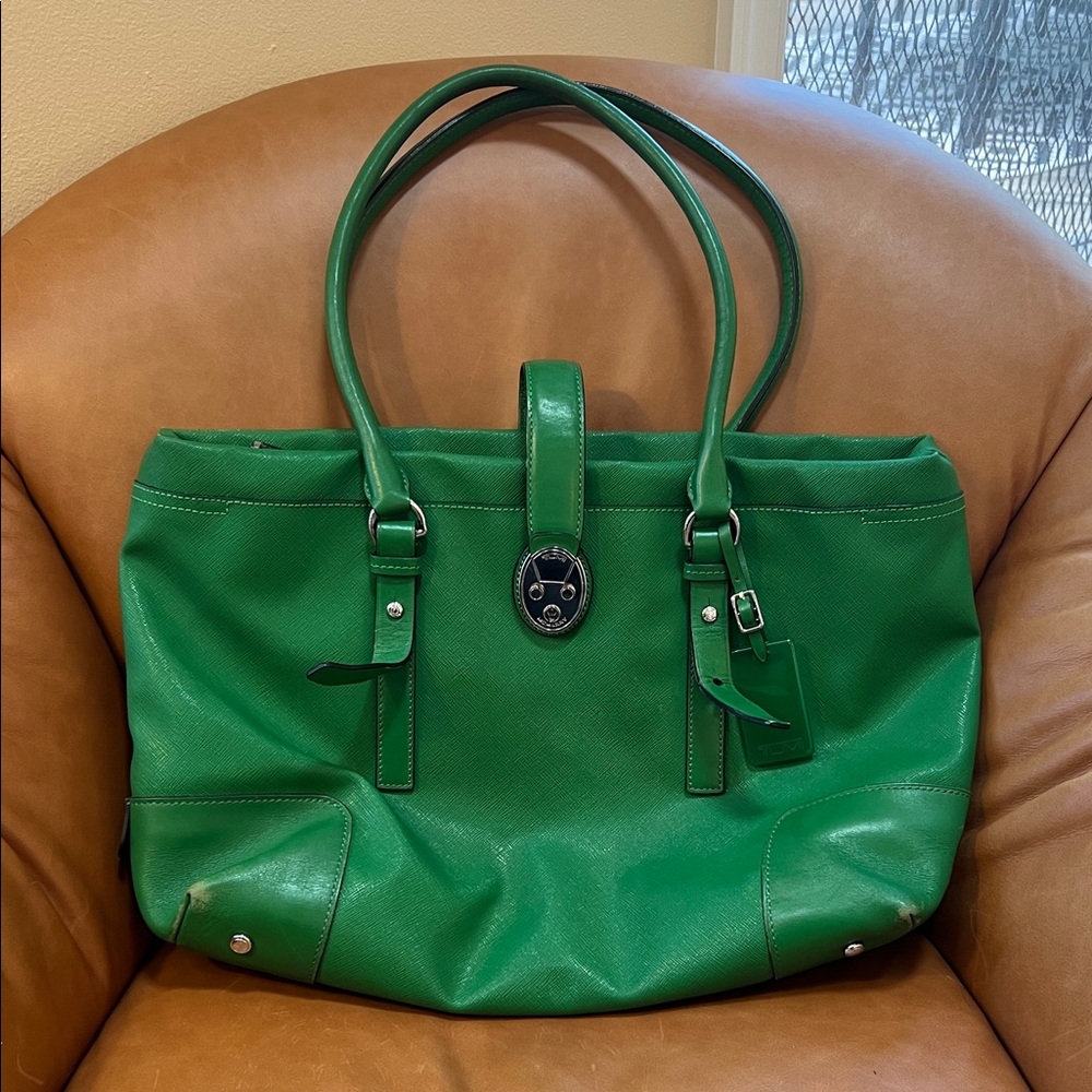TUMI Villa Turin Green Canvas w/ Leather Trim Commute Shoulder Tote Bag #73105D2